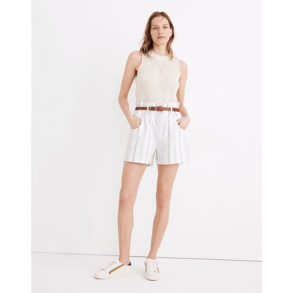 Madewell Linen-Cotton Pull-On Paperbag Shorts in Stripe White and Blue Bengali I
